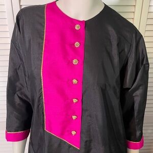 VINTAGE Star of Siam Black and Hot Pink Silk Caftan, Diamond and Gold Buttons SM